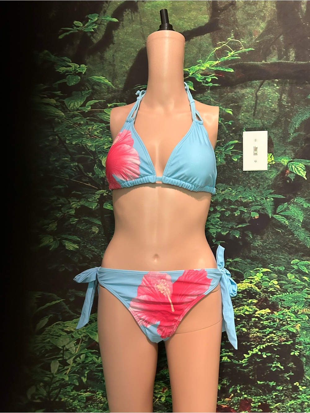 Light Blue Bikini Set with Pink Floral Print